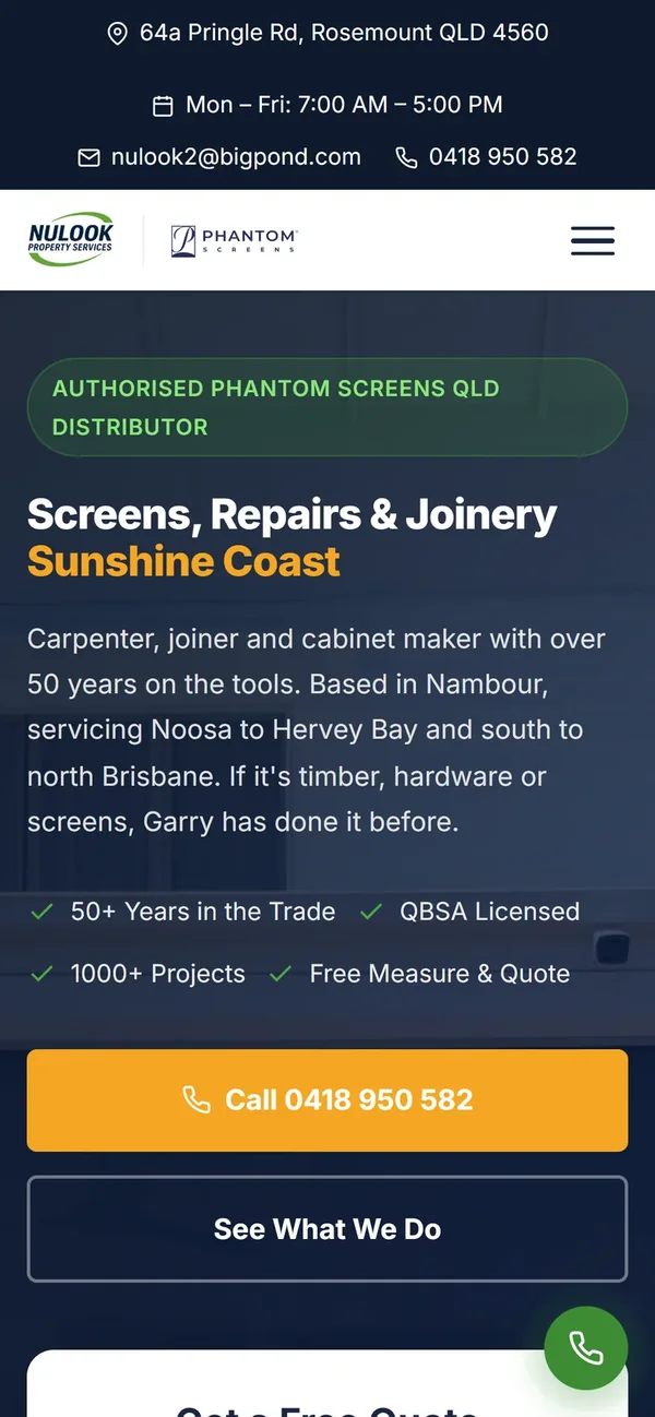 NuLook Property Services home page on a phone