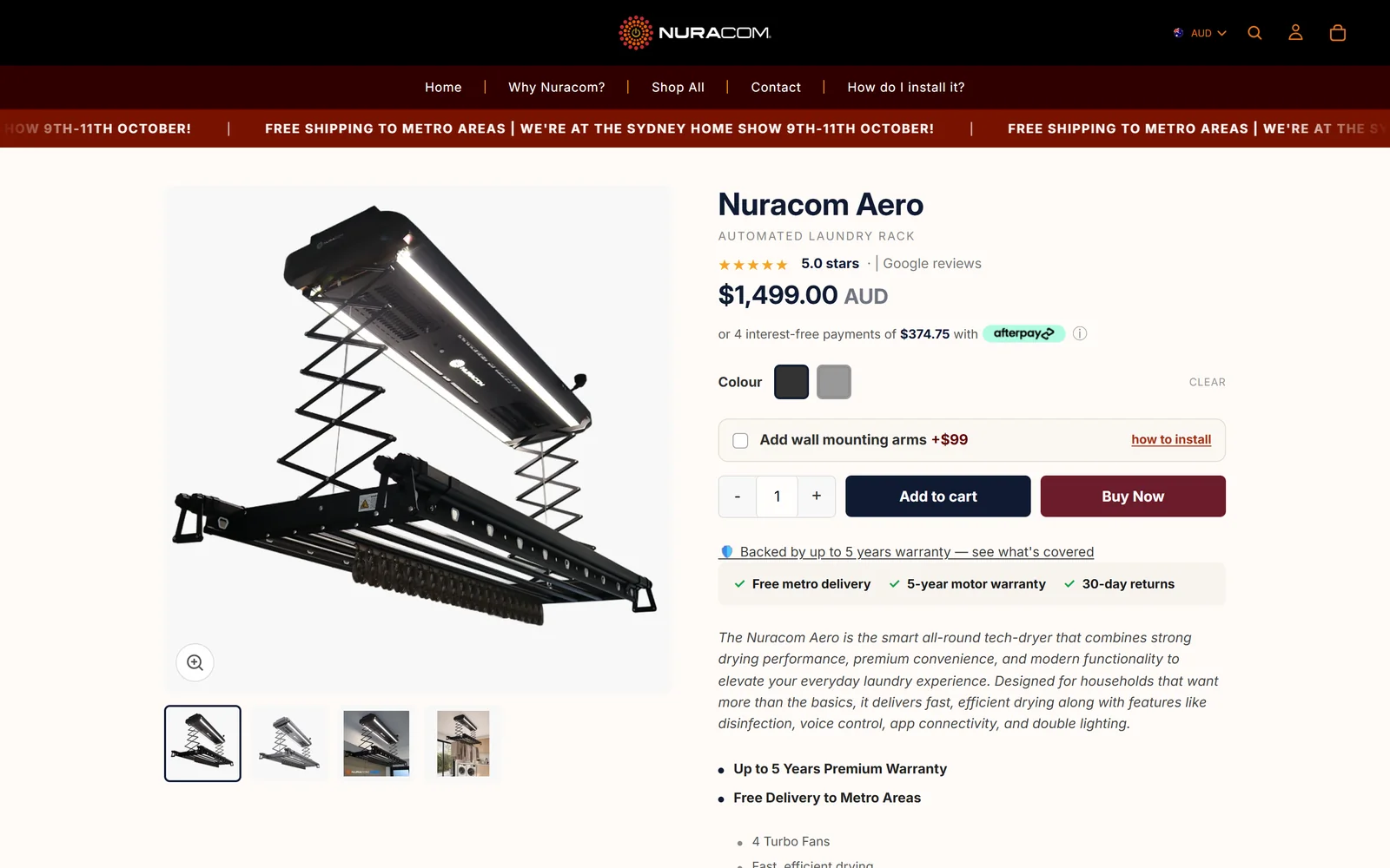 Nuracom Aero product page built by Scaled, with finance, reviews and delivery promises above the fold