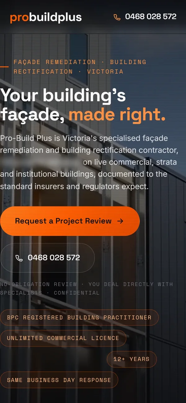 The same Pro-Build Plus landing page on a phone