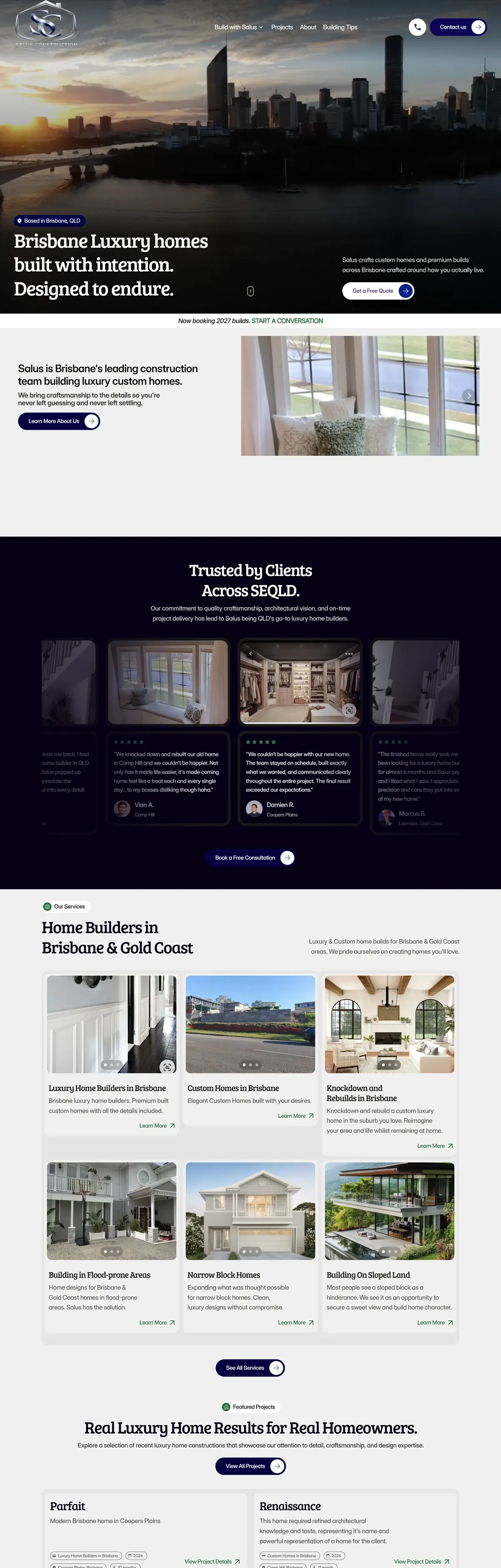 Salus Constructions services and featured projects built by Scaled: luxury homes, custom homes, knockdown rebuilds, flood-prone, narrow and sloping blocks