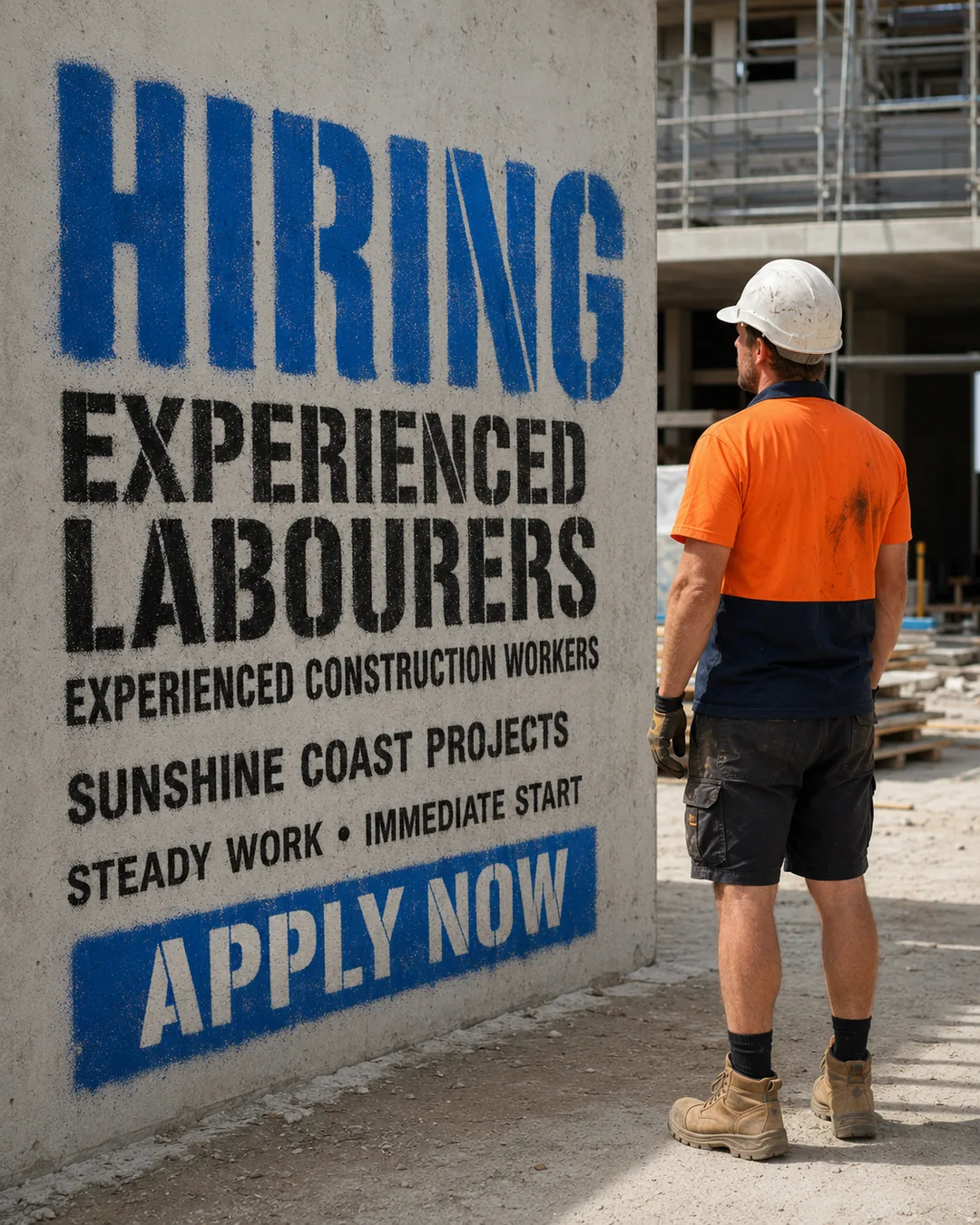 Murphy Constructions hiring ad by Scaled: stencilled wall sign reading Hiring experienced labourers