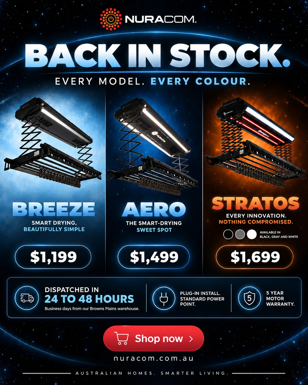 Nuracom back-in-stock ad by Scaled showing the Breeze, Aero and Stratos drying racks with prices