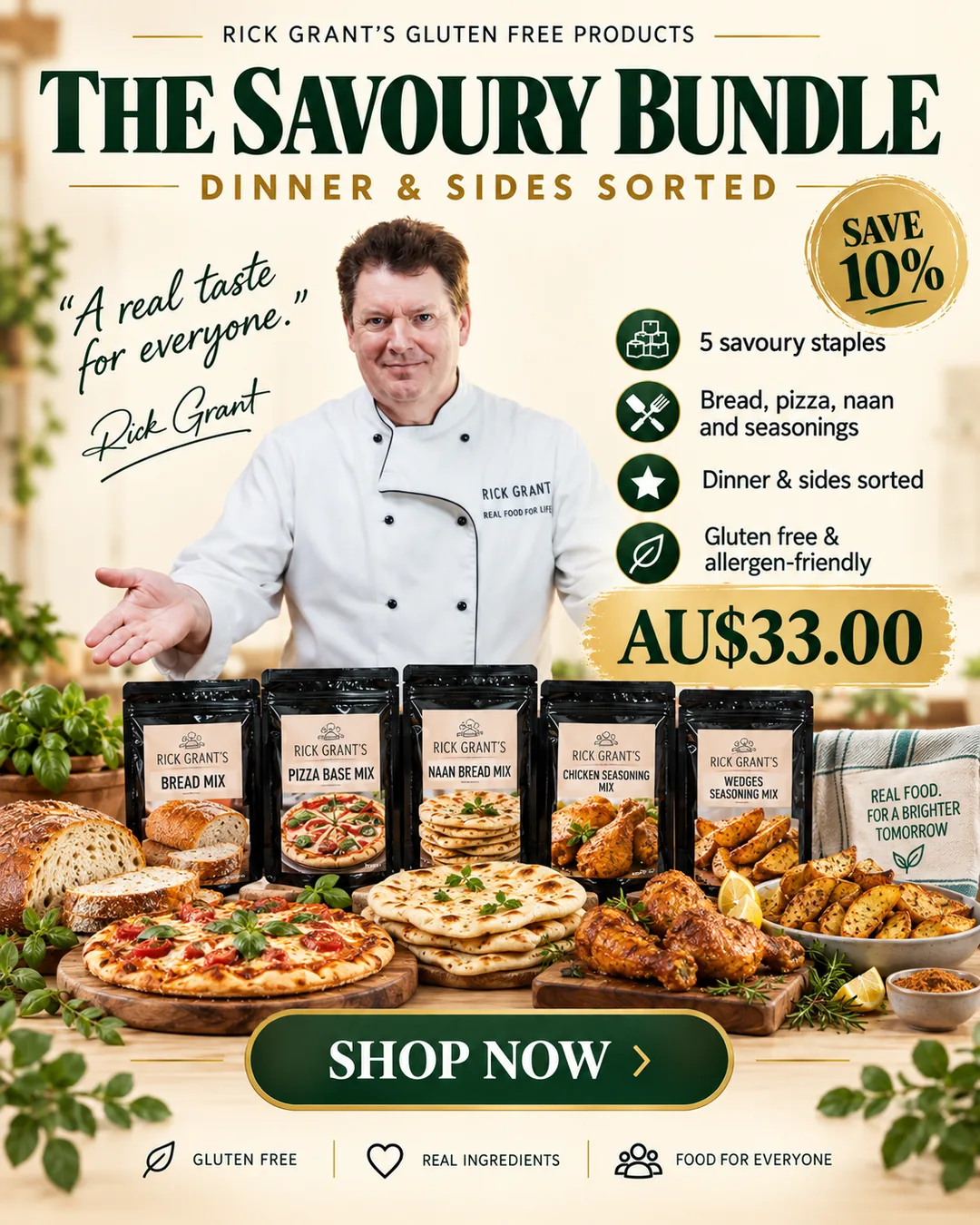 Rick Grant's Gluten Free Savoury Bundle ad by Scaled, with Rick in chef whites