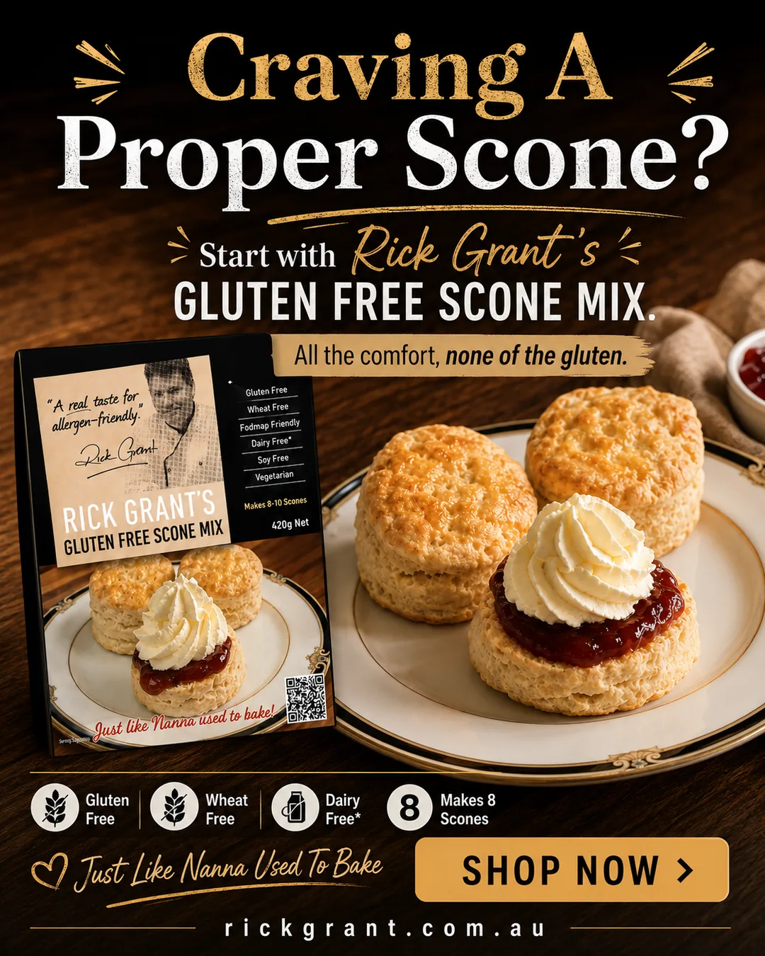 Rick Grant's Gluten Free Scone Mix ad by Scaled: Craving a proper scone?